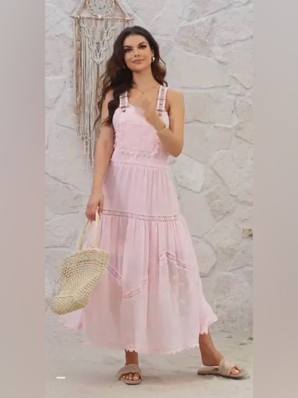 Casual Lace Embroidered Maxi Dress Adjustable Strap Pleated Tiered Swing, Size L